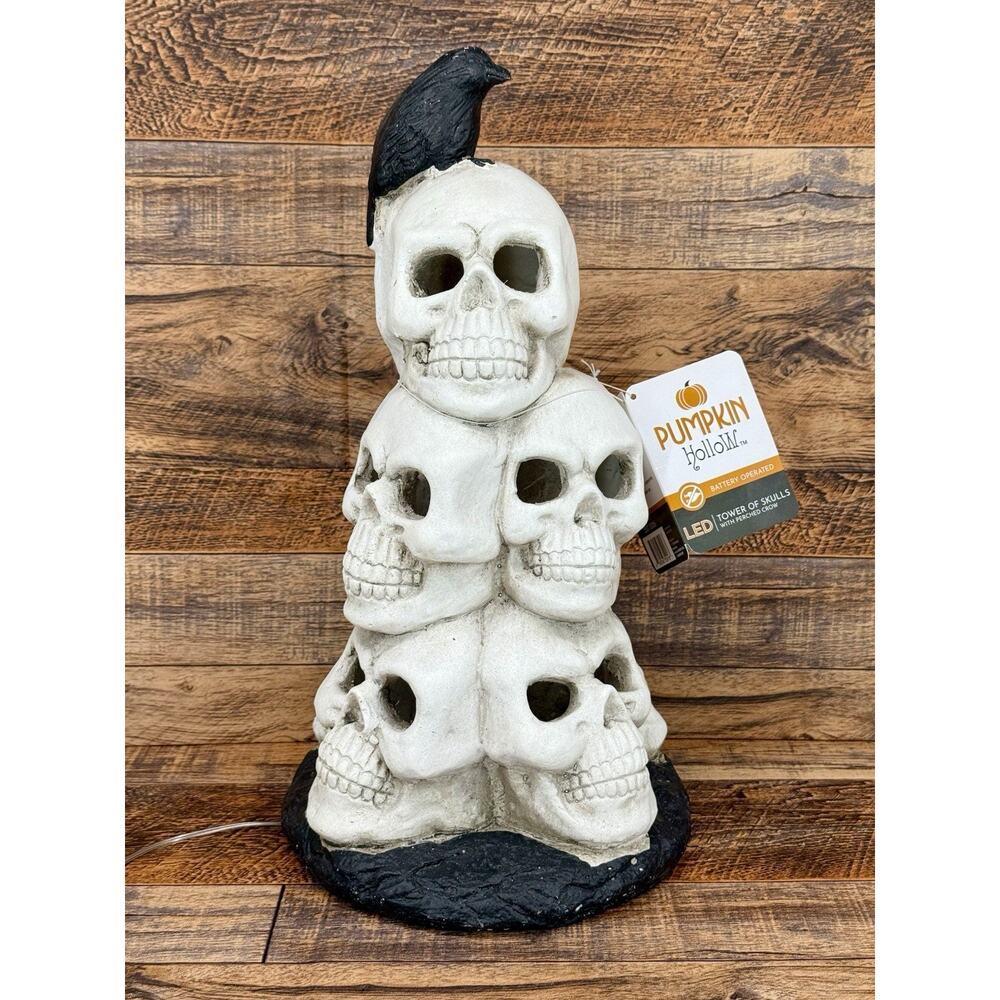 Pumpkin Hollow LED Ceramic Tower of Skulls Perched Crow Halloween Decor 15.5"